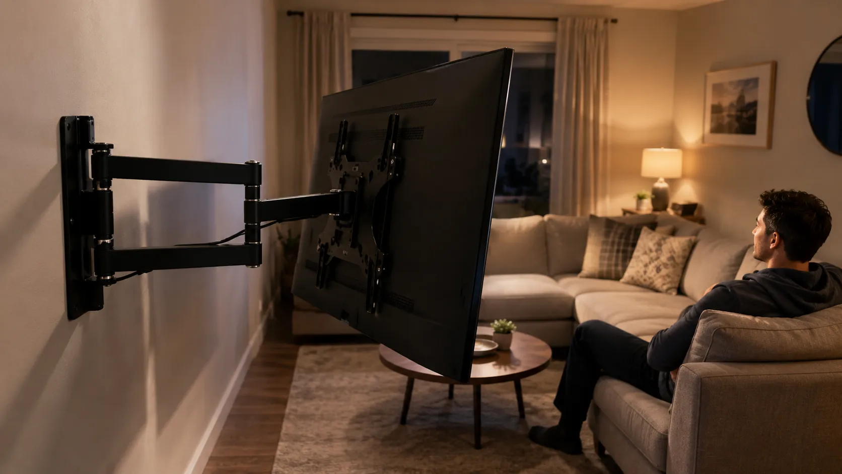 Full-motion TV mount swivelled toward an off-center seat.