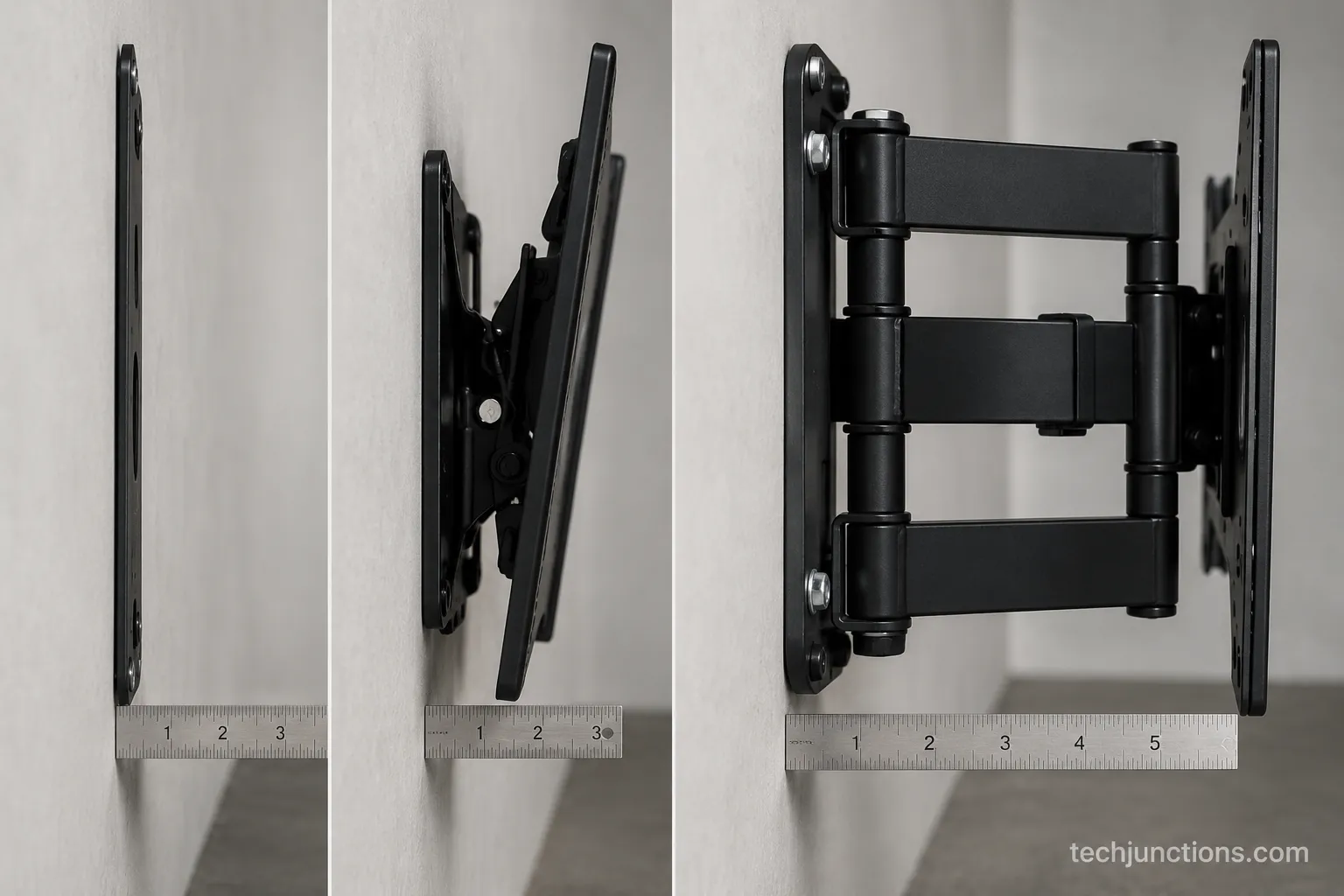 full motion tilting and fixed tv mounts collapsed showing depth off the wall