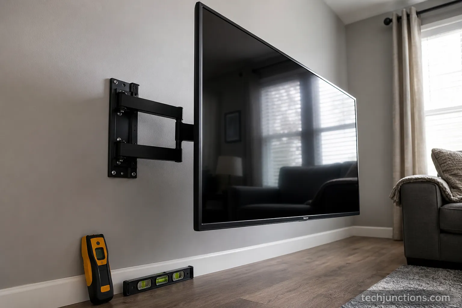 full motion tv mount installed on a 65 inch tv on a test wall