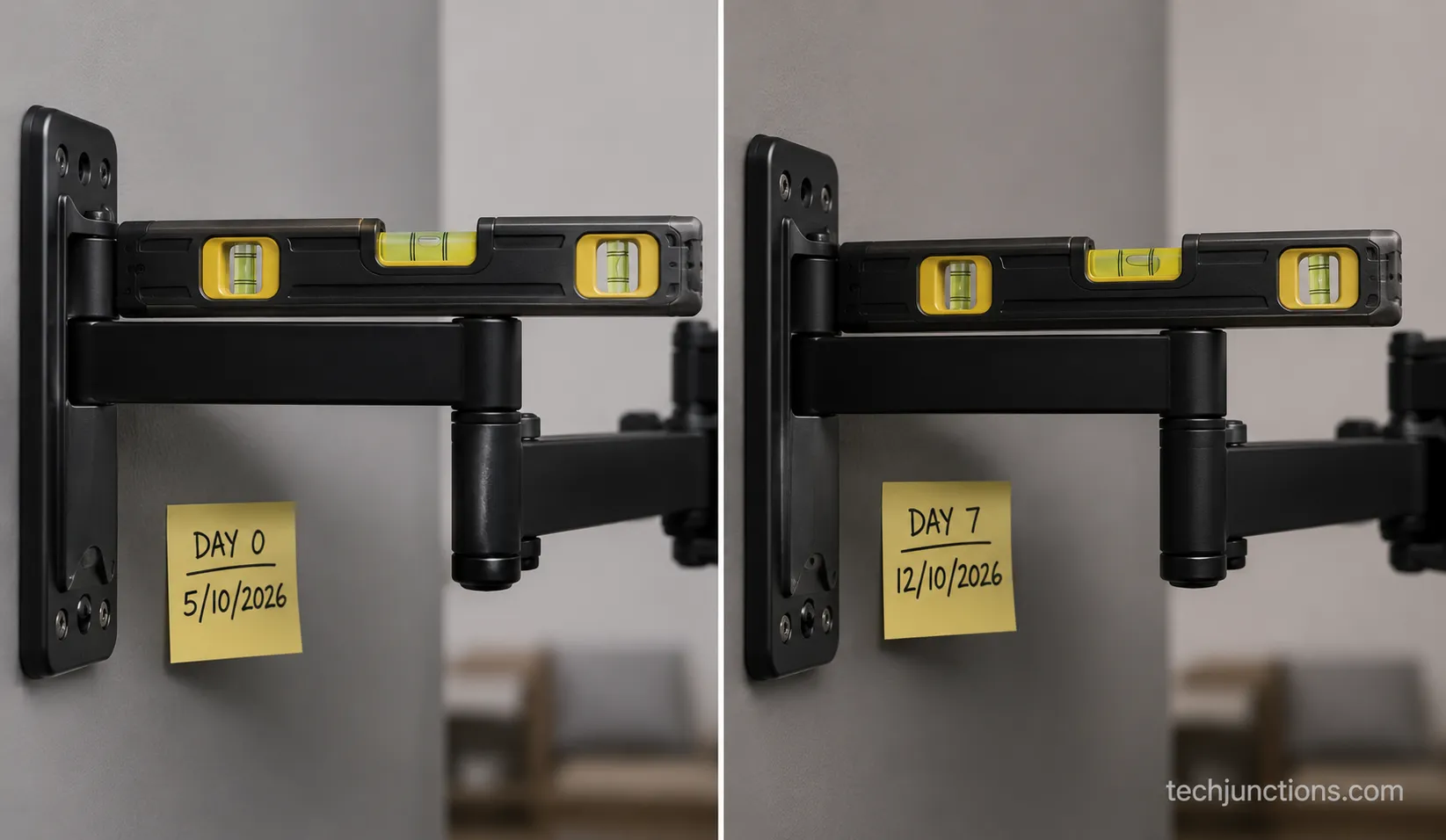bubble level on a full motion tv mount arm showing droop after a week under load
