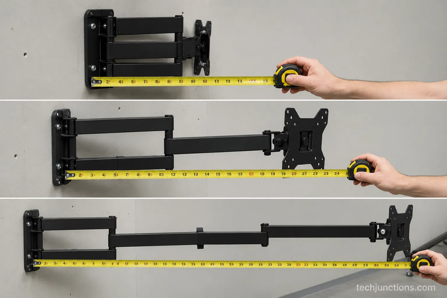 full motion tv mount articulating arm shown collapsed half and fully extended with a tape measure