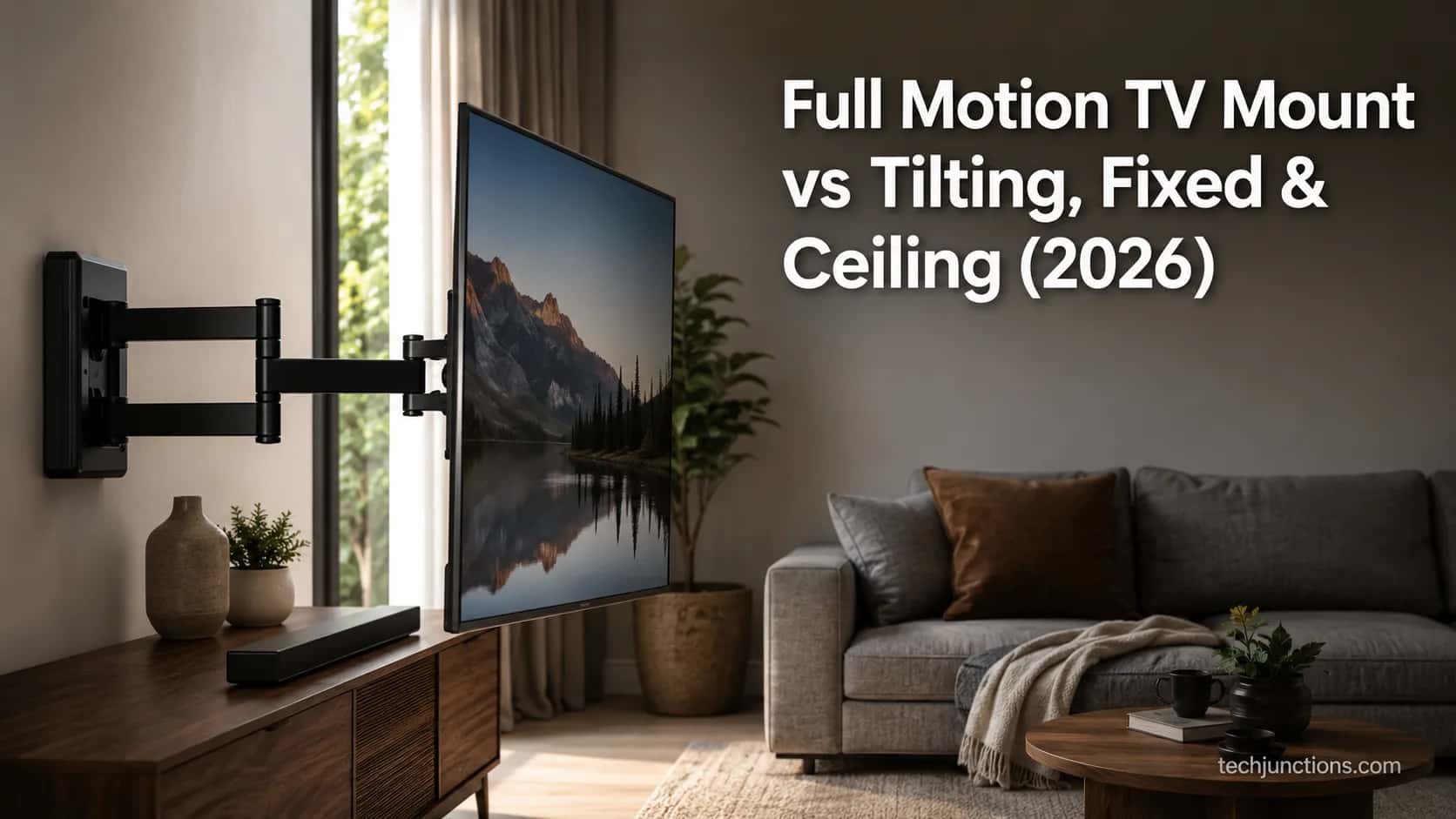 full motion tv mount extended on a living room wall angled toward a sofa