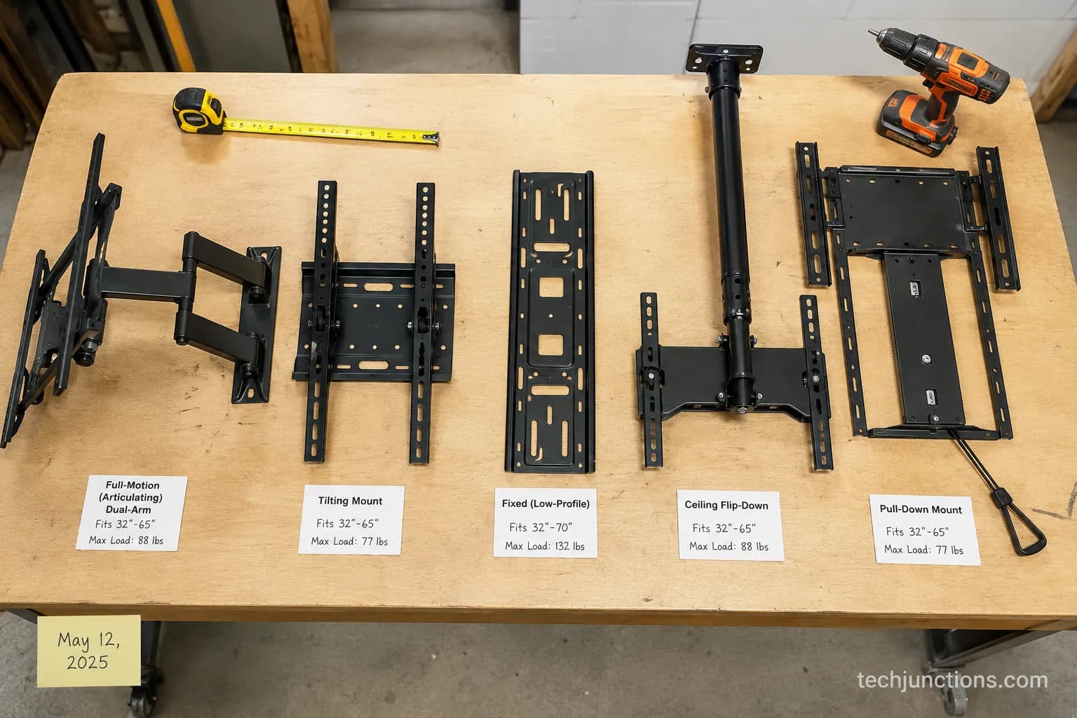 full motion tv mount and four other tv mount types compared on a workshop bench