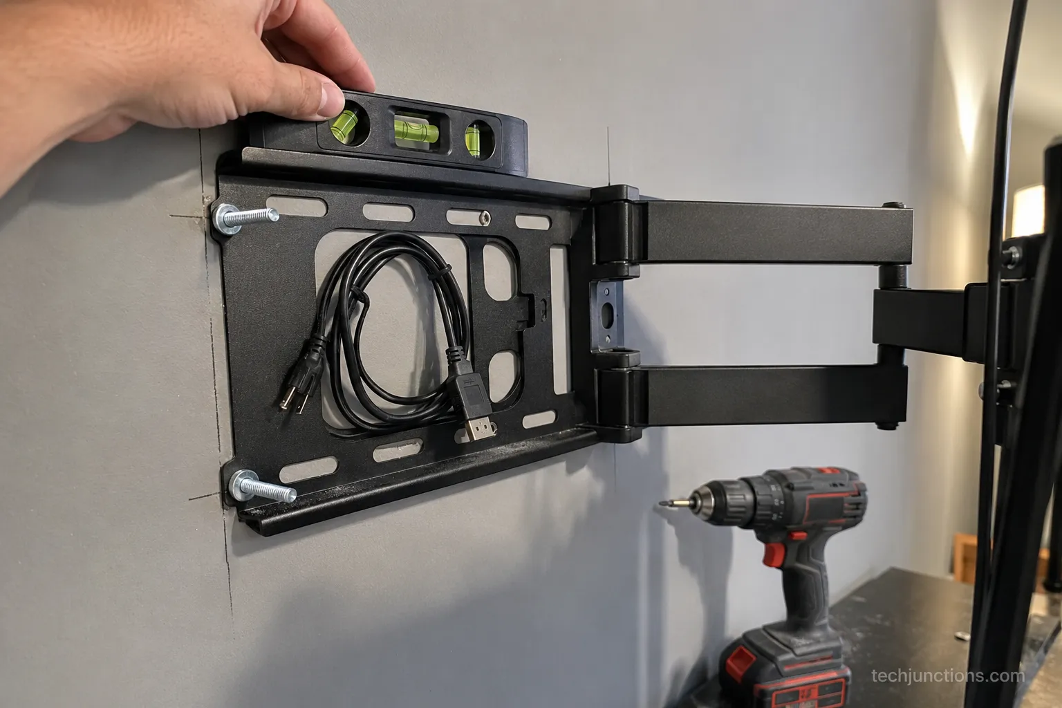 installing a full motion tv mount with lag bolts into studs and a cable slack loop