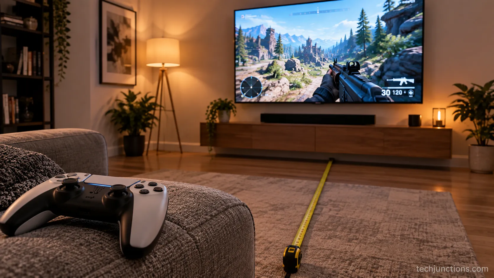 Console gaming setup showing a tested tv viewing distance from a sofa to a 65-inch television.
