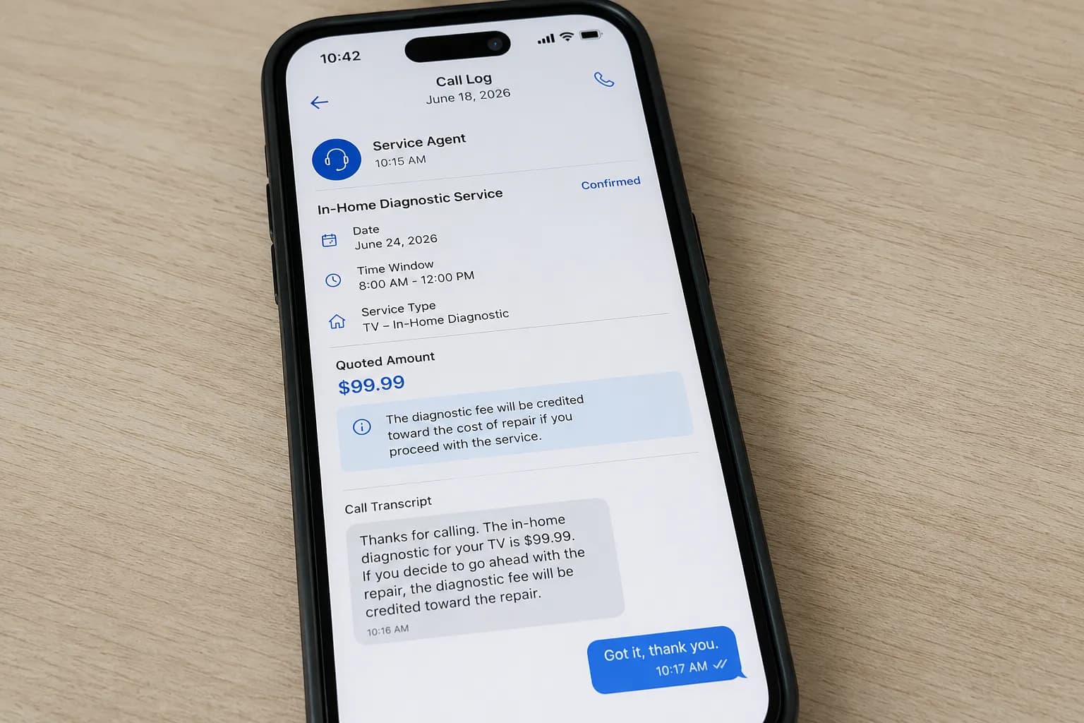 Smartphone displaying a service call log with a $99.99 in-home TV diagnostic quote and note that the diagnostic fee is credited toward an approved repair.
