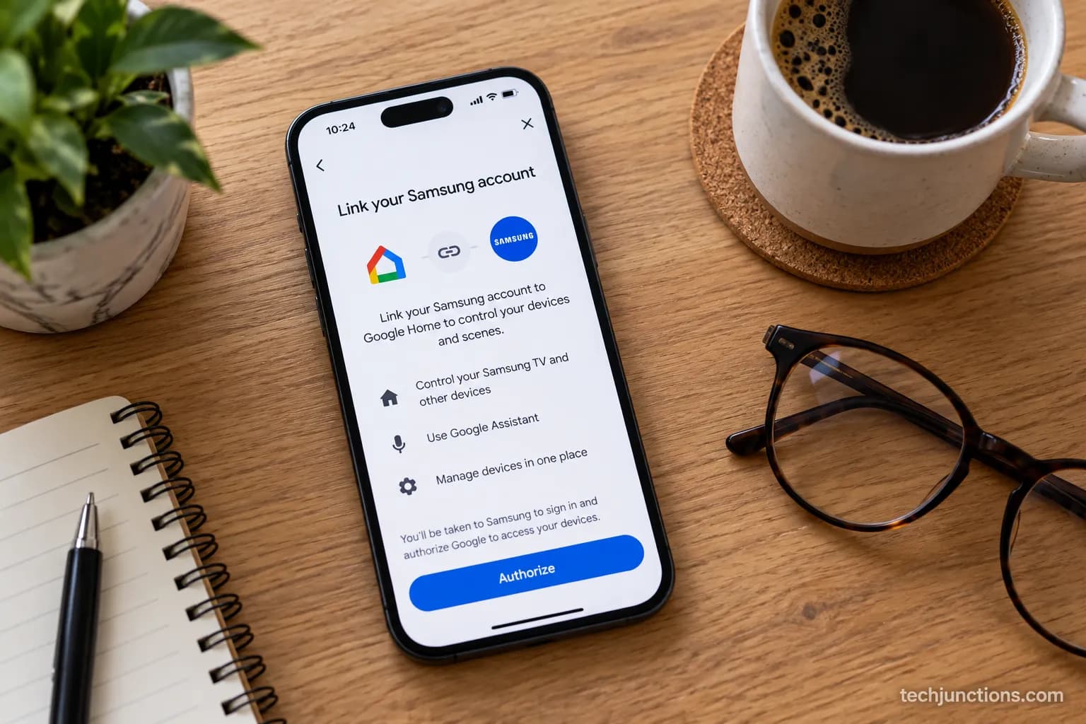 Authorization screen for linking SmartThings to a Samsung TV via Google Home
