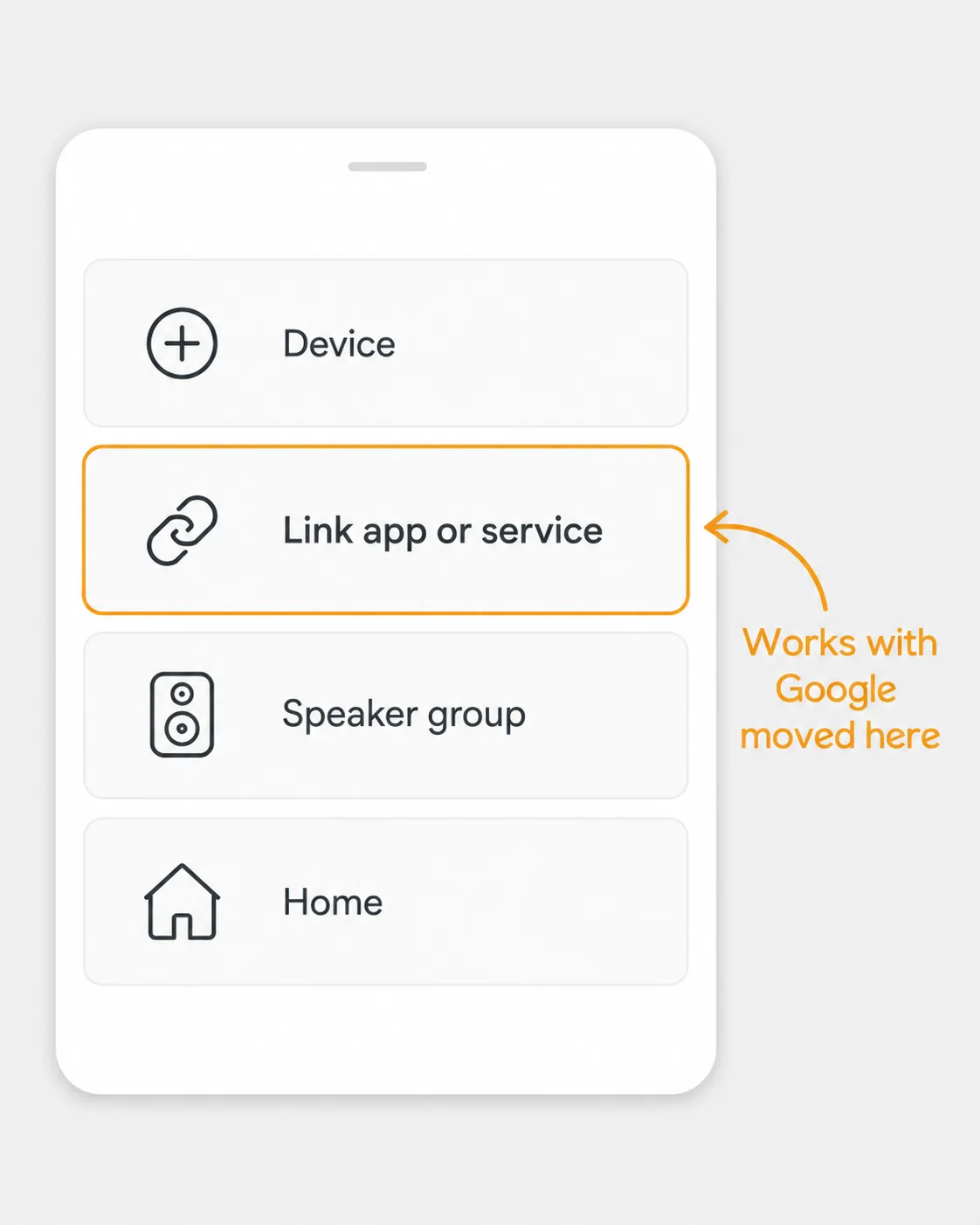 Google Home Add menu illustration highlighting the "Link app or service" option, showing where the Works with Google feature is now located for connecting smart home services.