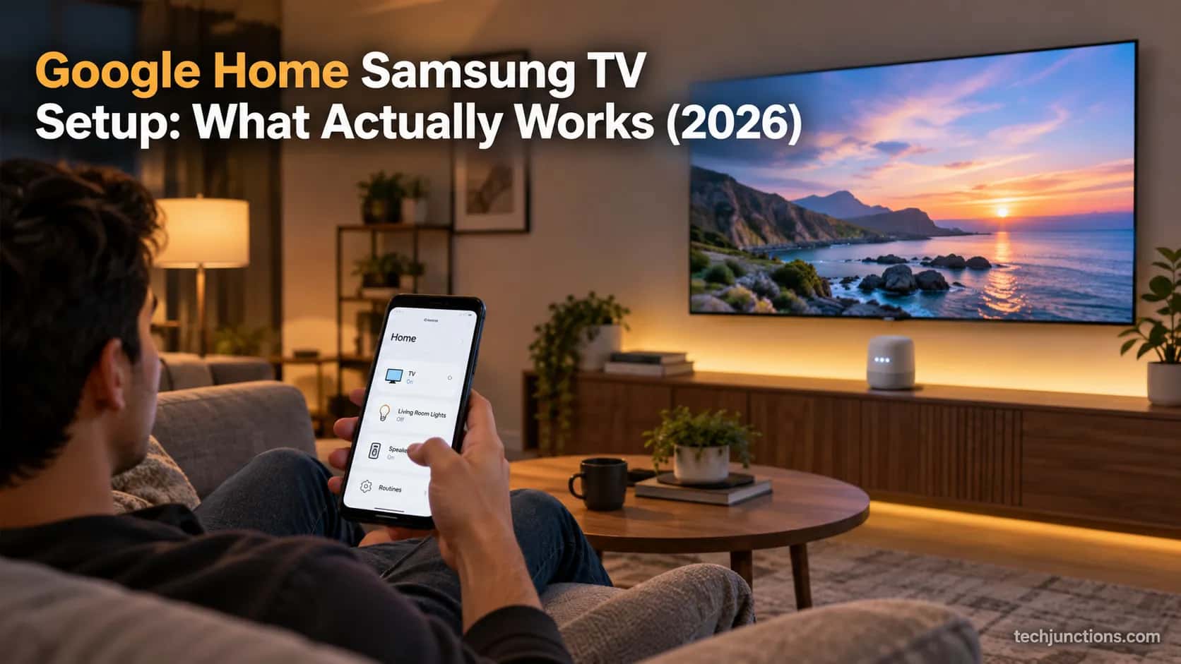 Person using a smart-home app to control a Samsung TV with a smart speaker nearby