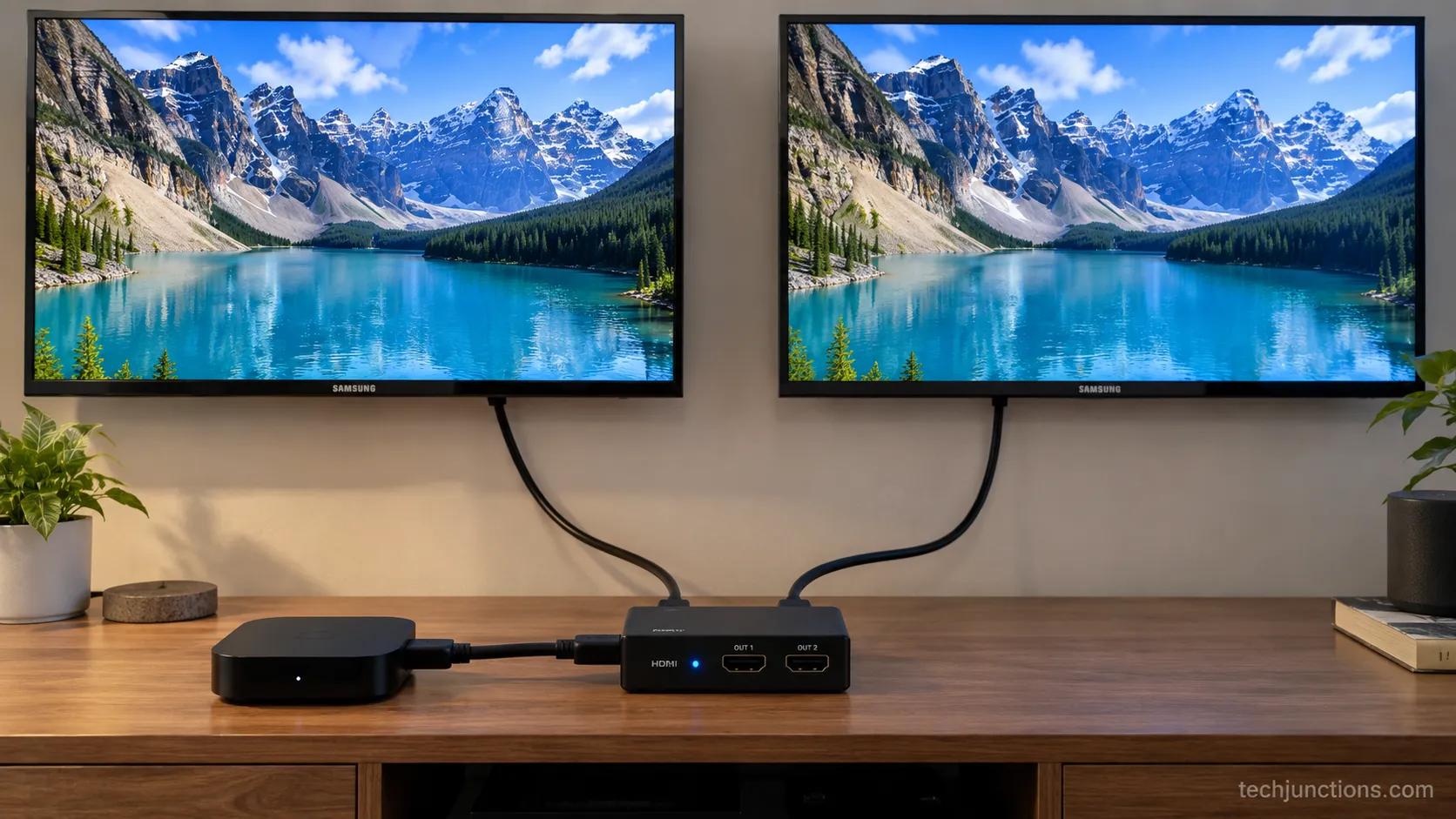 HDMI splitter feeding the same source to two Samsung TVs.