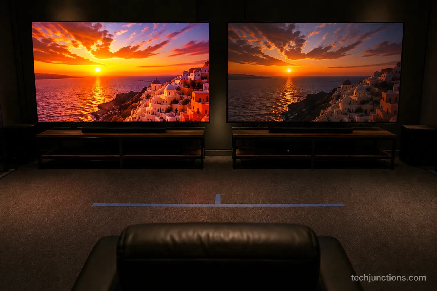 Two TVs showing the same HDR sunset scene from eleven feet, the 4K panel visibly brighter than the 1080p one.