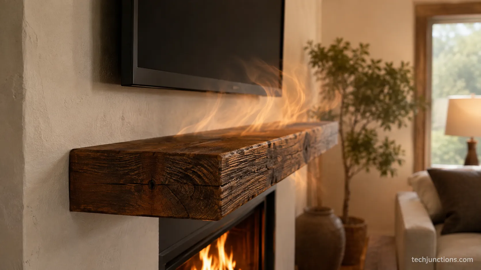 Deep mantel deflecting heat away from a TV above a fireplace