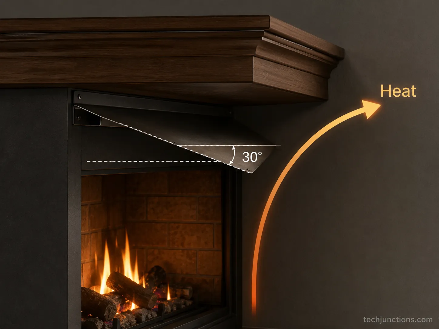 Diagram of a heat deflector angled thirty degrees forward above a firebox.