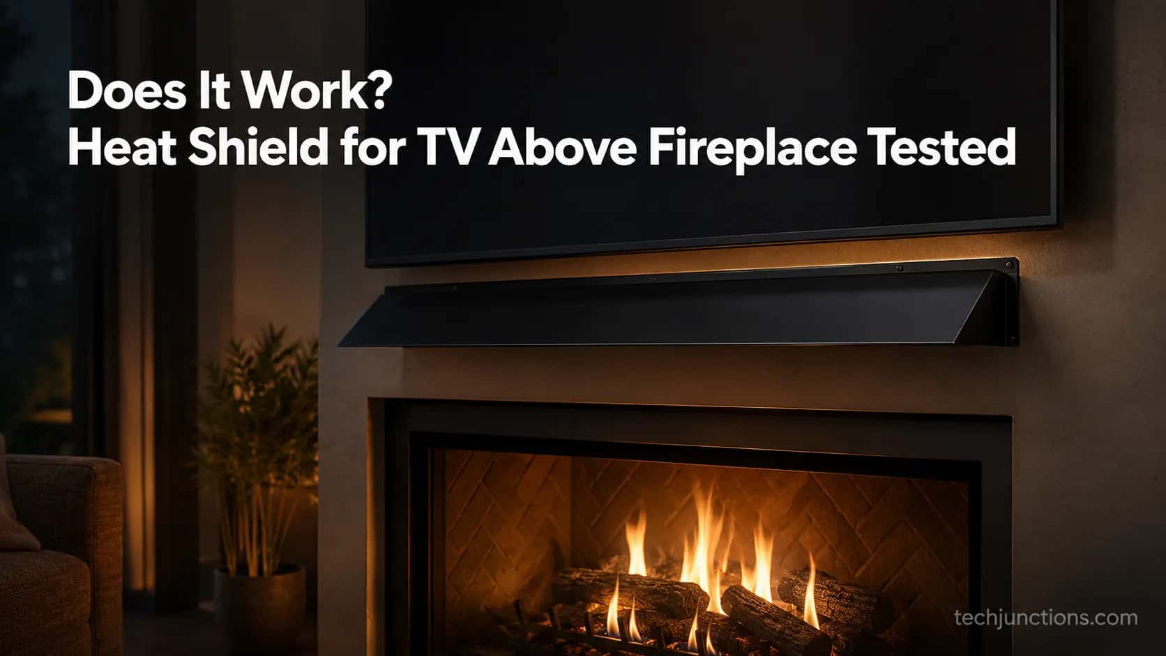 Wall-mounted TV above a lit fireplace with a black metal heat deflector hood installed below it.