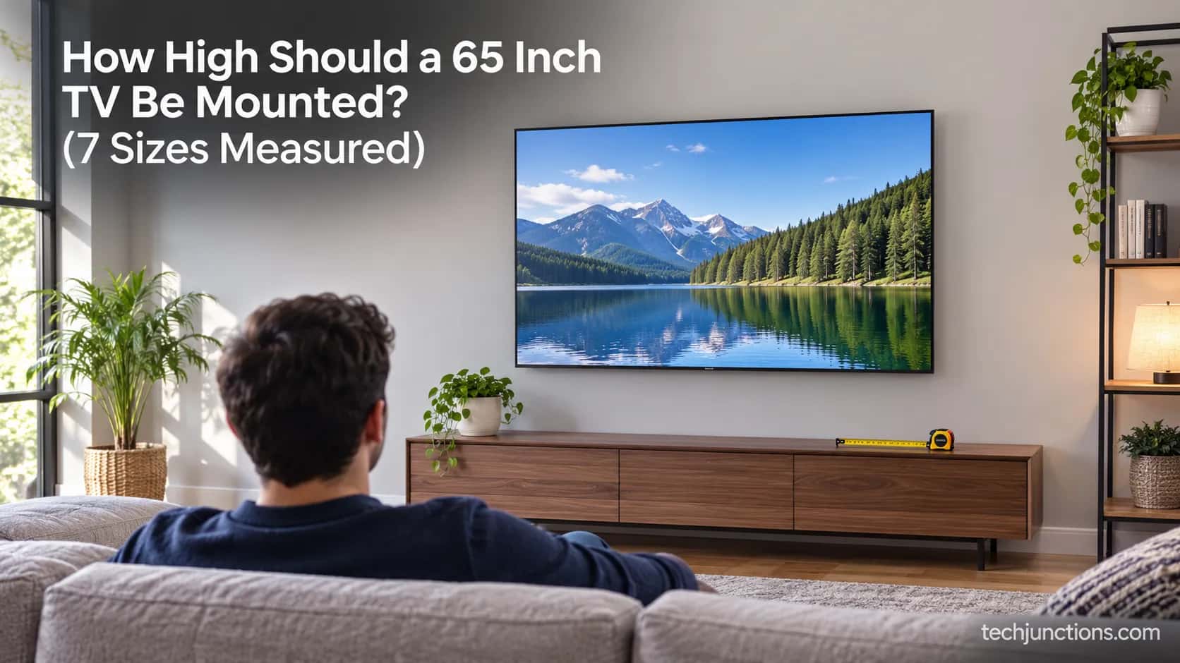 A 65 inch TV wall-mounted at seated eye level above a console in a living room, showing correct mount height.
