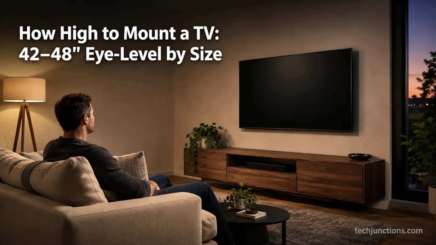 TV wall-mounted at seated eye level above a console in a living room, showing correct mounting height