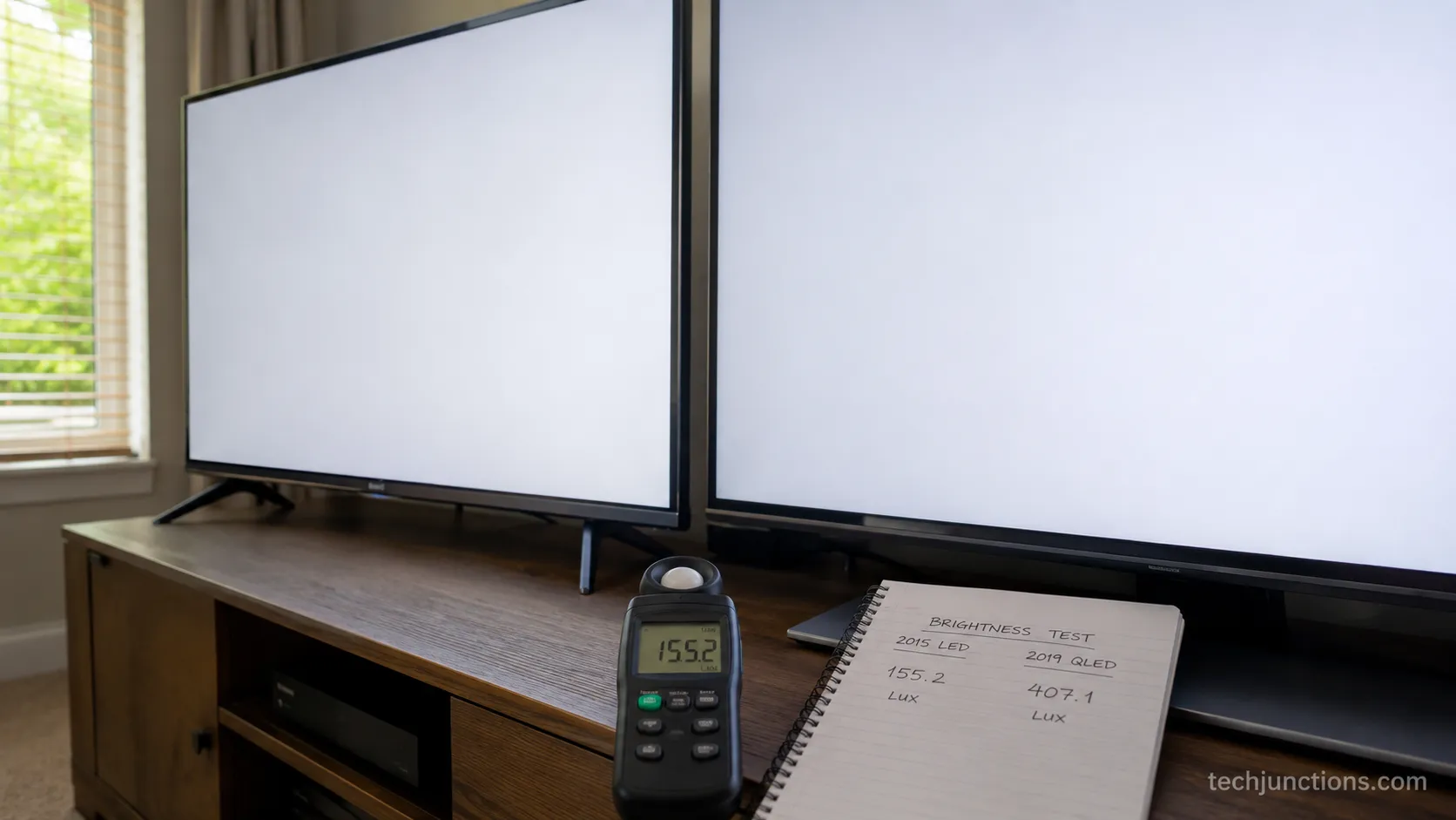 Two televisions metered for brightness to show how long TVs last by type.
