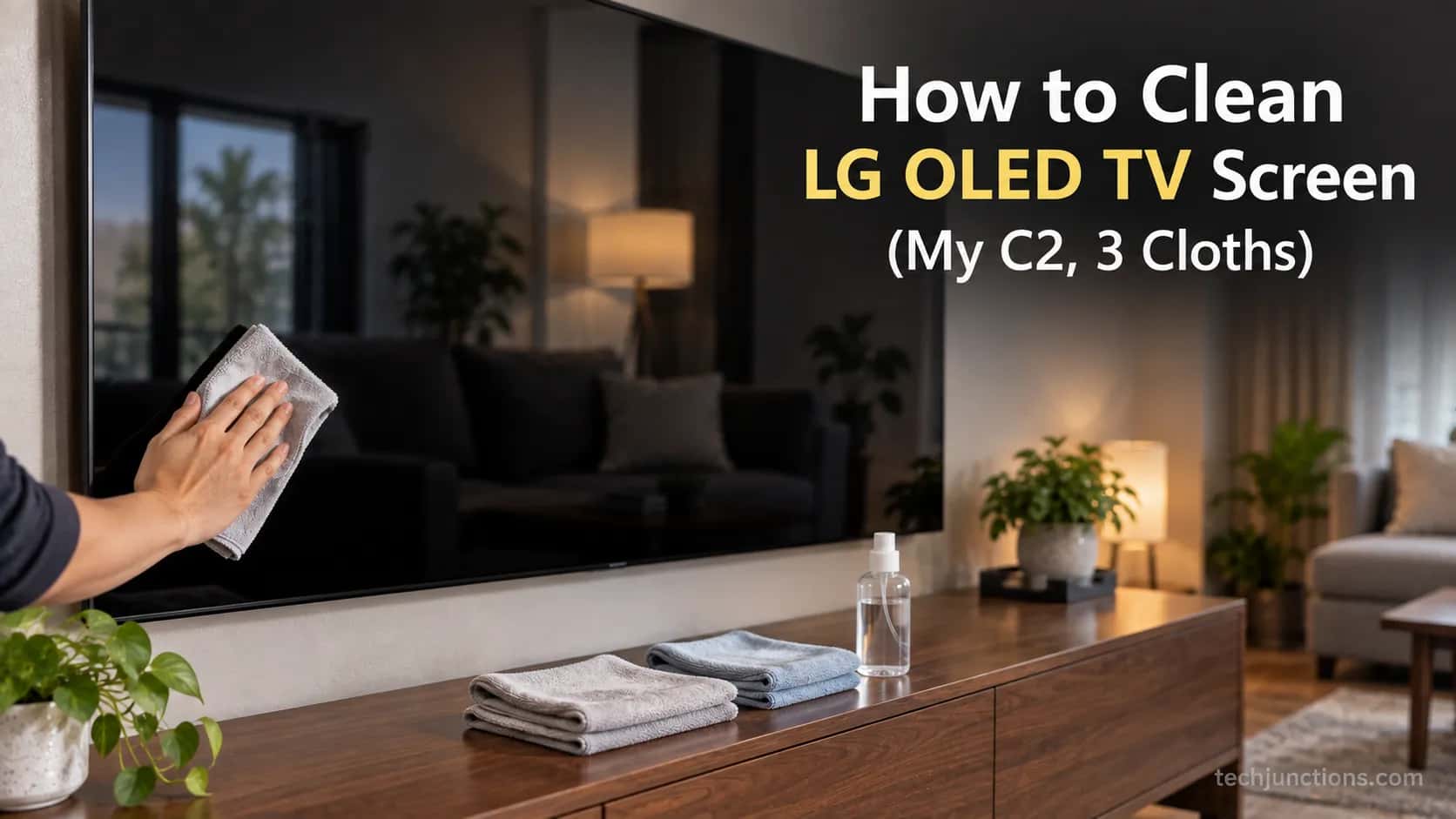Person wiping a wall-mounted LG OLED TV screen with a microfiber cloth beside distilled water and spare cloths.