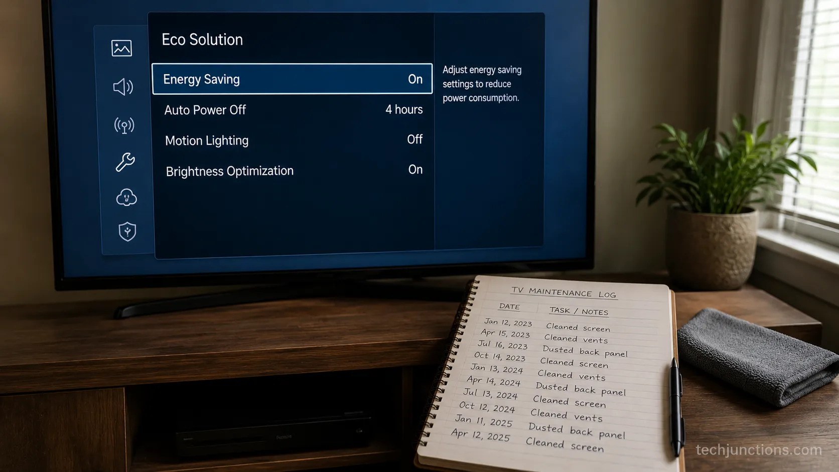TV power-saving settings and a maintenance log used to extend a TV's lifespan.