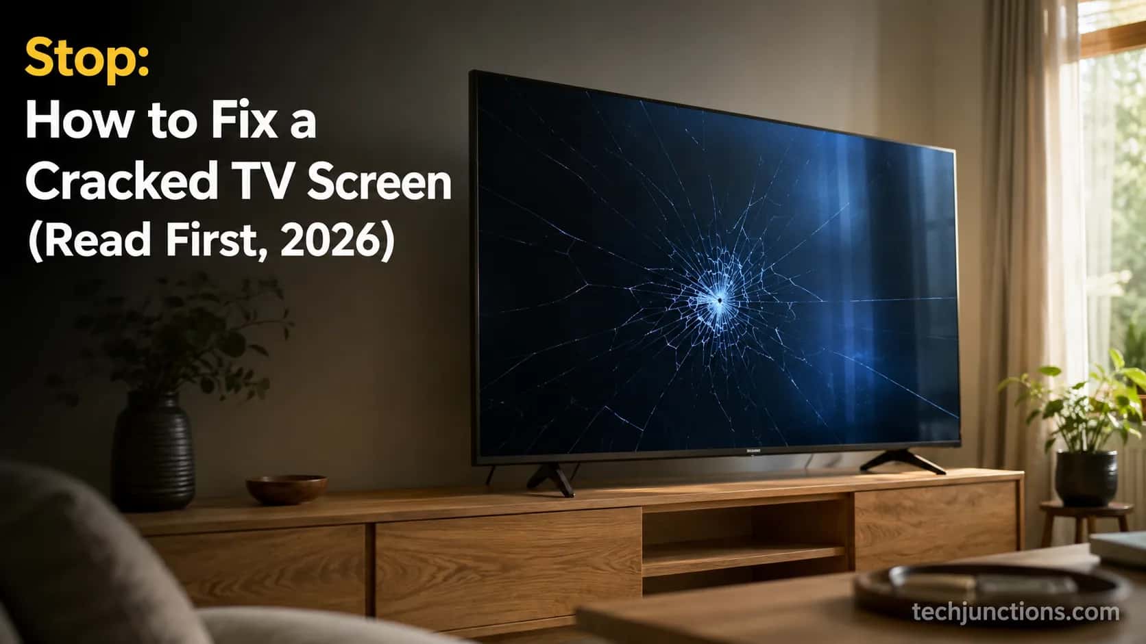 Cracked flat-screen TV with a spiderweb fracture on a living-room console, illustrating how to fix a cracked TV screen.