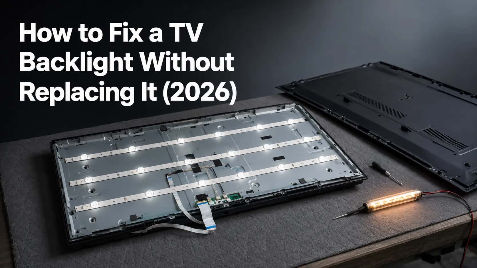 Modern flat-screen TV with the rear panel removed, exposing LED backlight strips, ribbon cables, and a glowing backlight tester on a repair workbench for TV backlight repair.