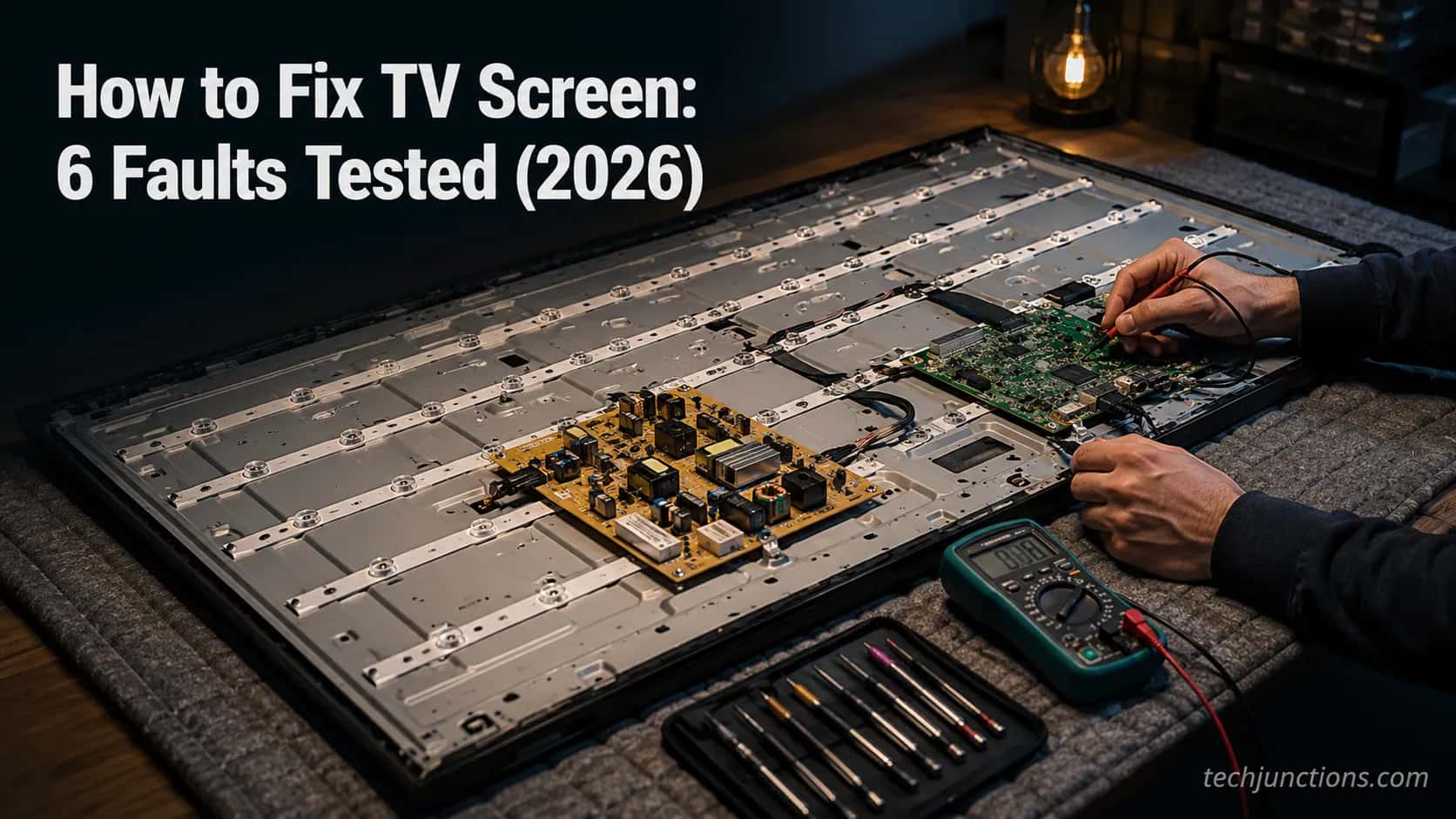 Technician's hands diagnosing a face-down flat-screen TV with exposed backlight strips, a multimeter and precision drivers on the bench.
