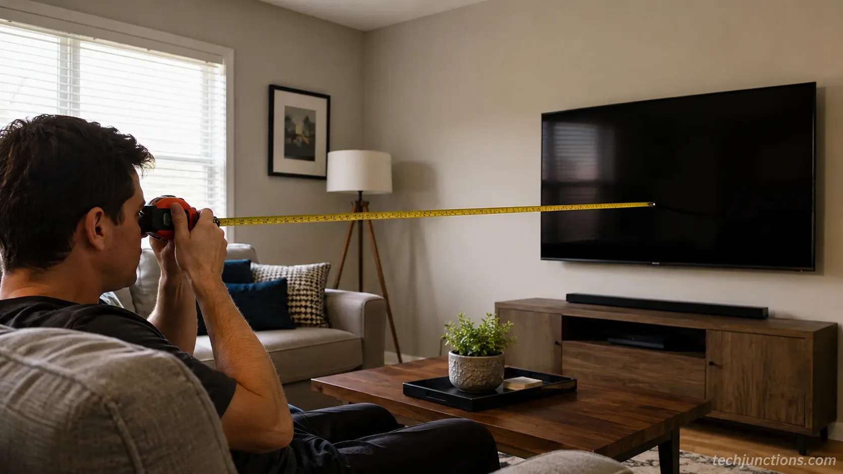 Person measuring from their eye line on a sofa to a wall-mounted TV center.