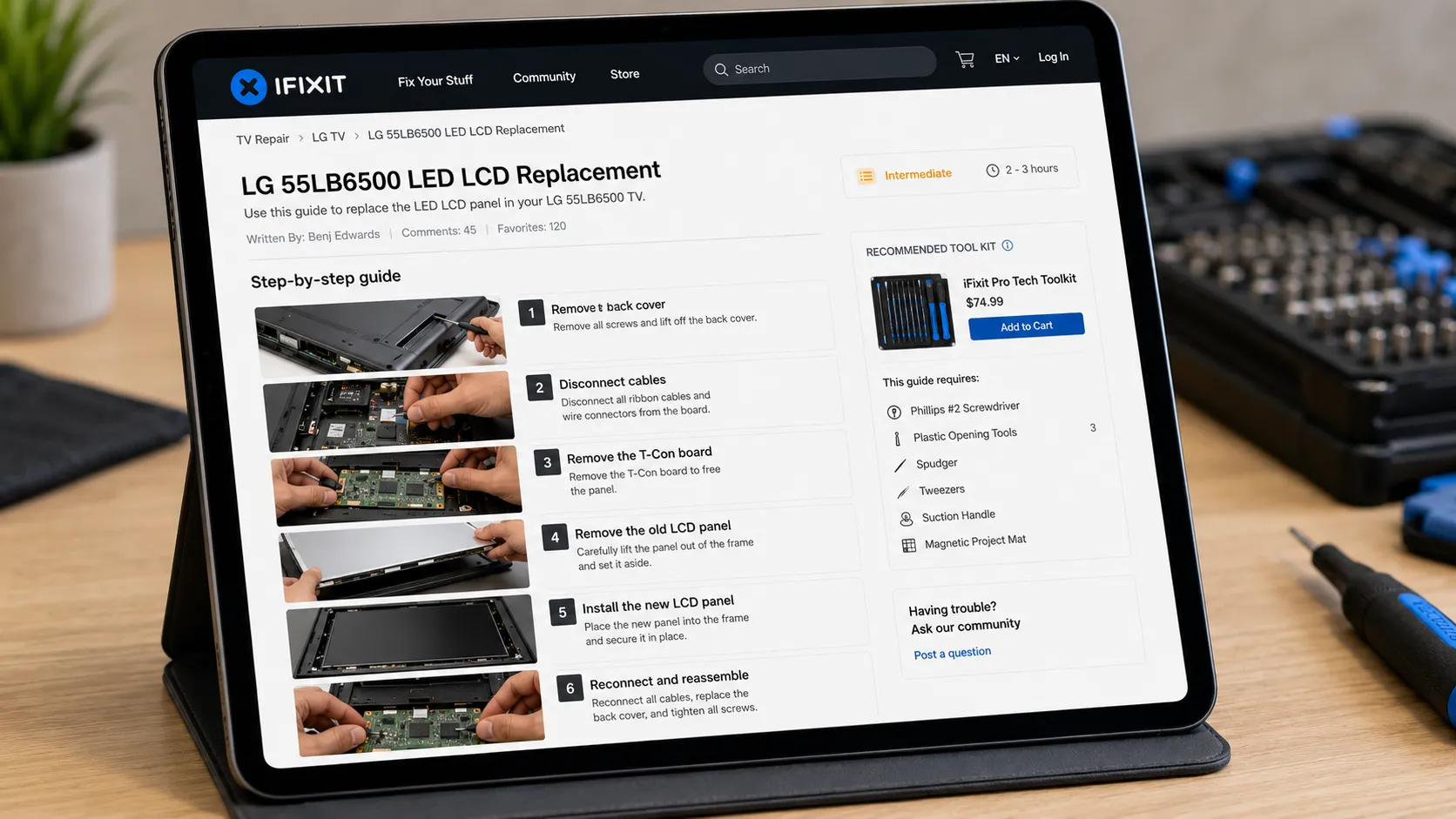 Tablet displaying an iFixit TV LCD replacement guide with step-by-step repair instructions, teardown photos, and a recommended tool kit on a workbench.