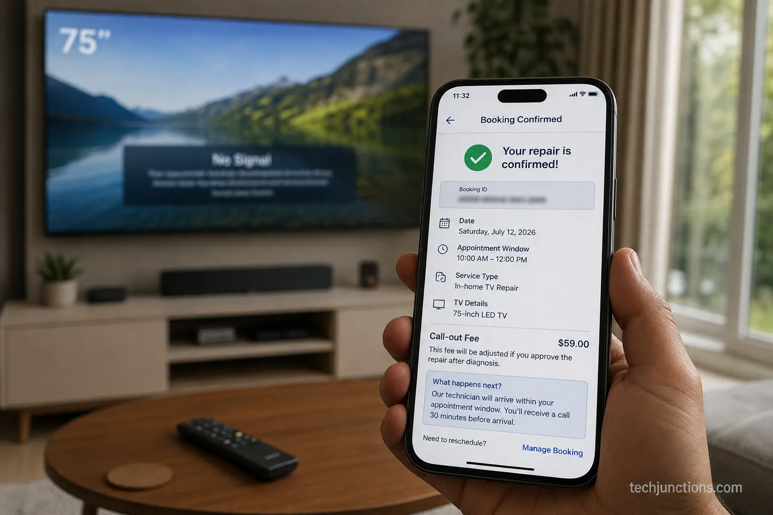 in-home TV repair booking confirmation for a 75-inch set