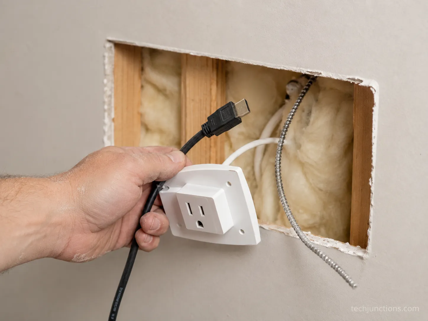 Installer fishing in-wall-rated HDMI and a recessed power inlet through drywall behind a Samsung TV