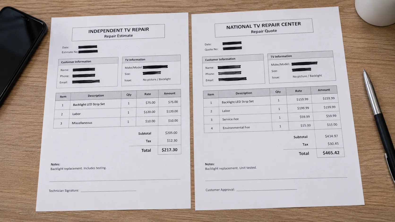 Two itemized TV repair quotes side by side comparing independent shop and national chain pricing for the same LED backlight replacement, with customer details redacted.