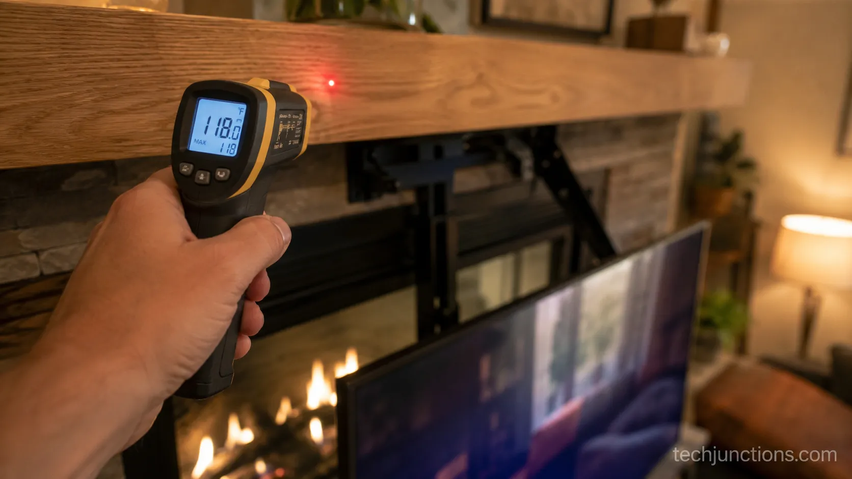 Infrared thermometer reading 118°F at the mantel line above a lit fireplace.