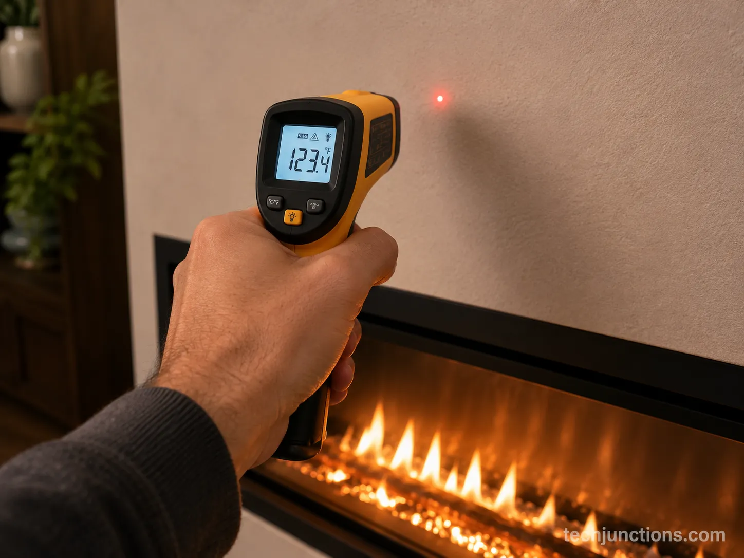 Infrared thermometer measuring wall temperature above a gas fireplace