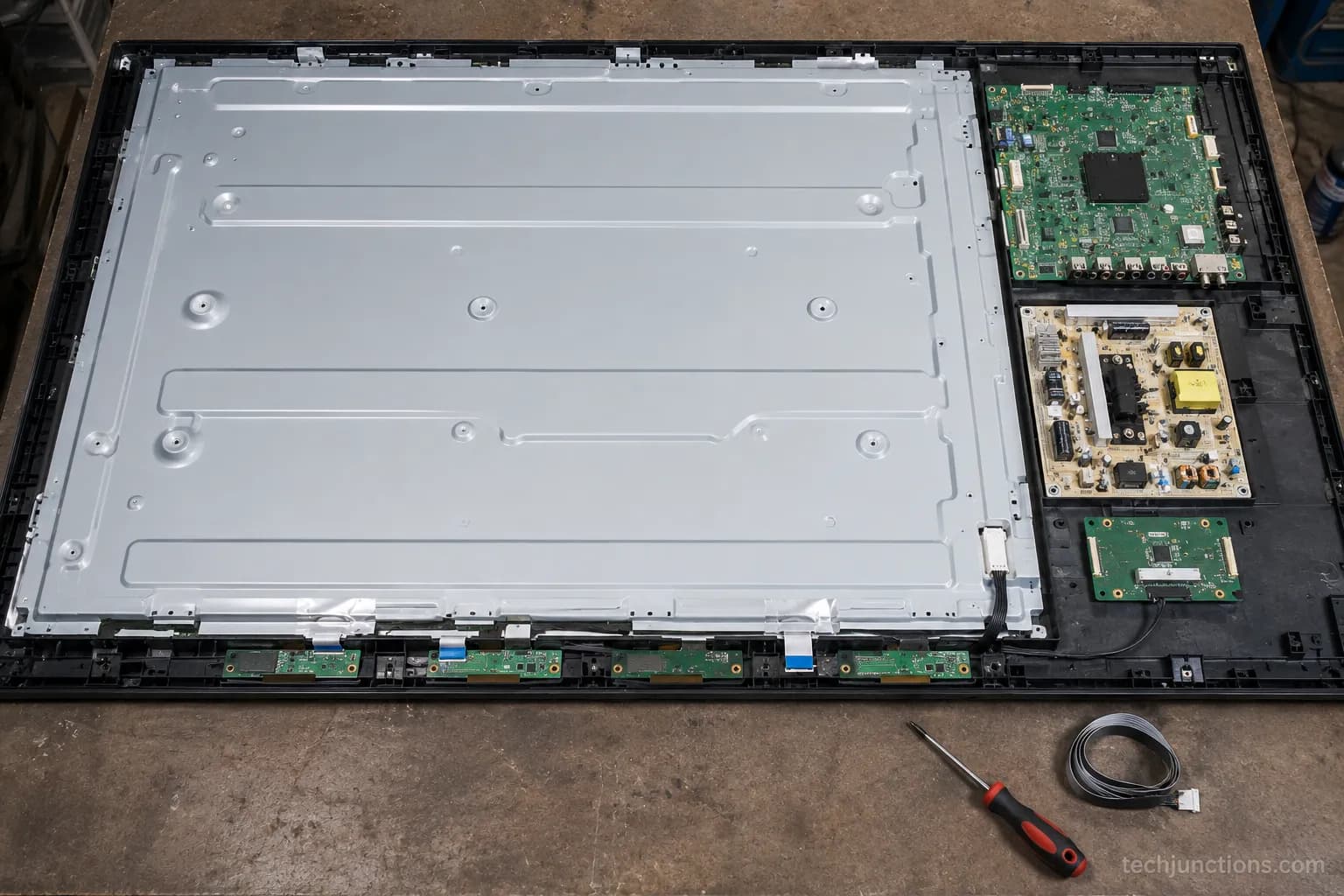 inside of a tv showing the large display panel assembly beside its boards