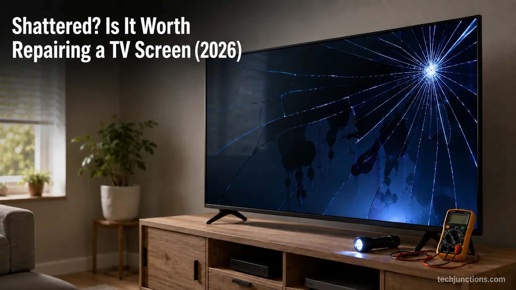 cracked TV screen on a media console with a flashlight, during a repair diagnosis.