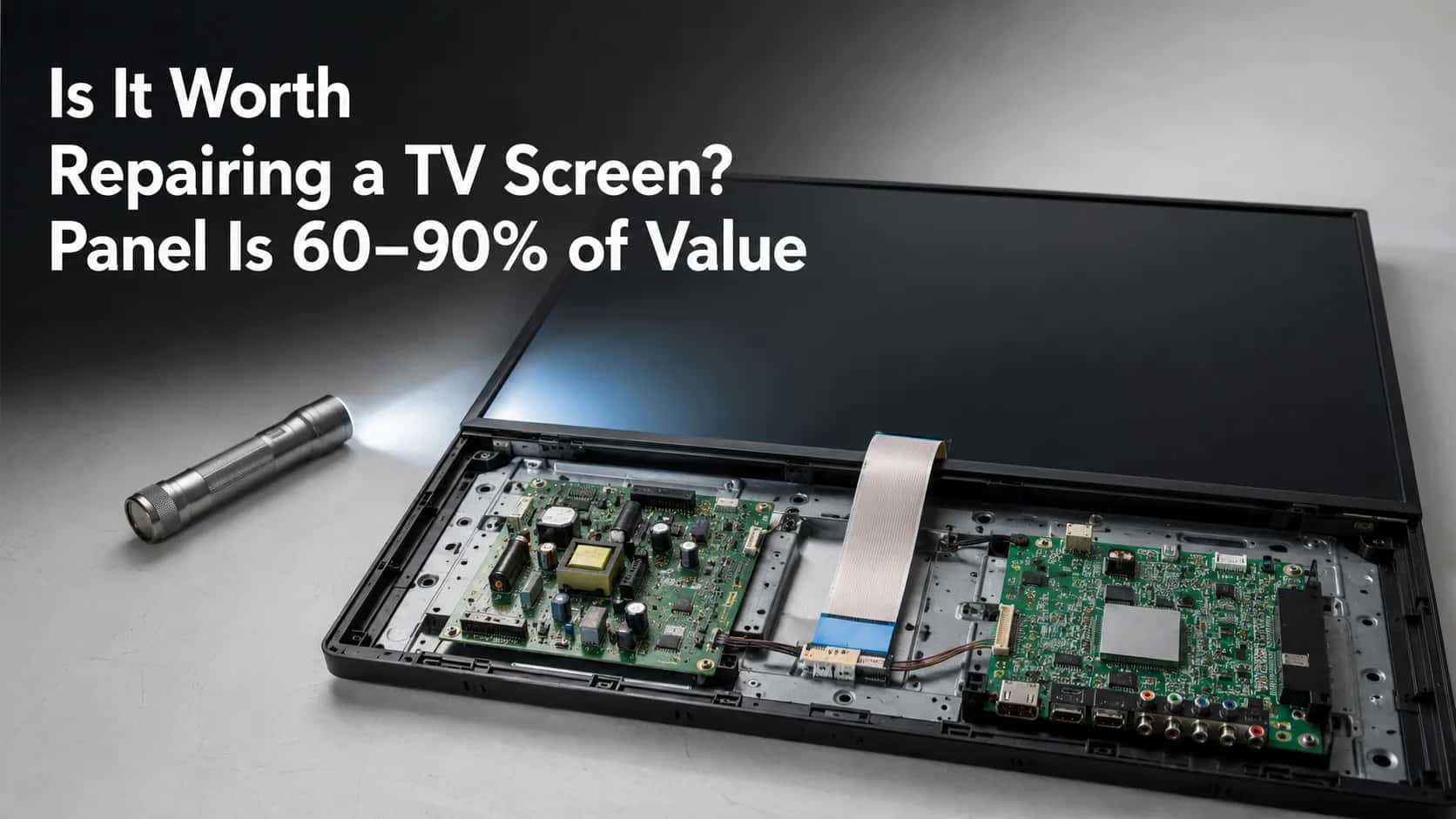 Opened flat-screen TV with exposed circuit boards and ribbon cable on a workbench, illustrating whether a cracked TV screen is worth repairing when the panel costs 60–90% of the TV's value.