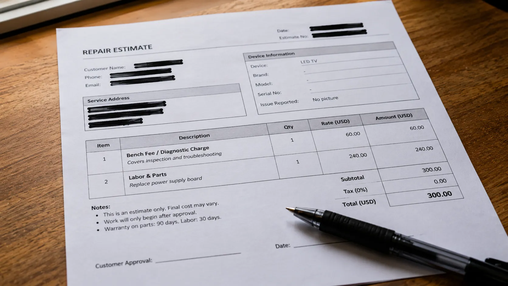 Printed itemized TV repair estimate showing bench fee and labor plus parts charges with customer details redacted, resting on a wooden desk beside a pen.
