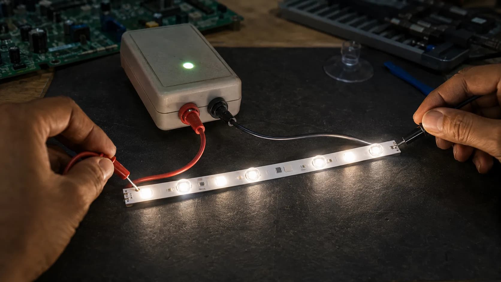 LED backlight tester lighting a single TV LED strip during testing