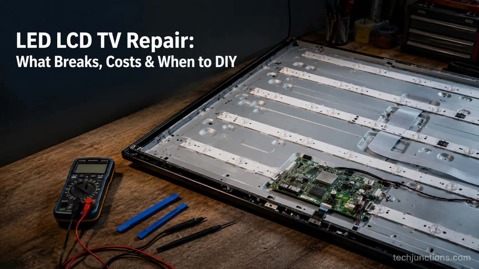 Opened LED LCD TV on a workbench showing backlight strips and a control board beside a multimeter.