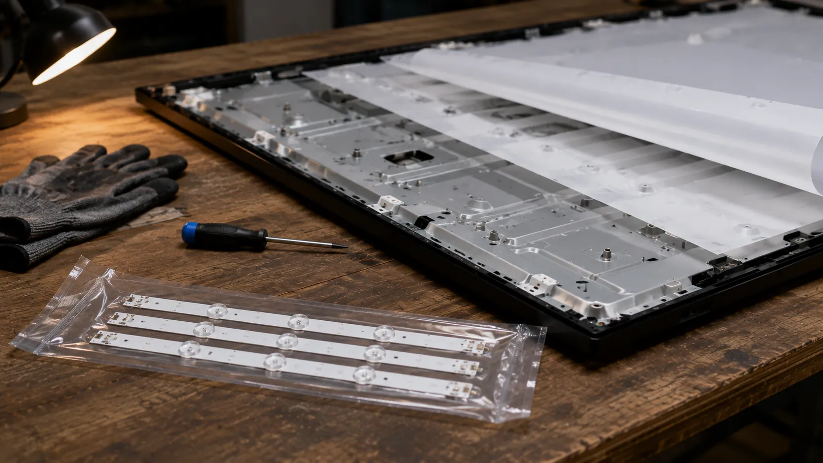 Replacement LED backlight strips in protective packaging beside an opened LED TV panel with diffuser sheets lifted, screwdriver and gloves on a repair workbench.
