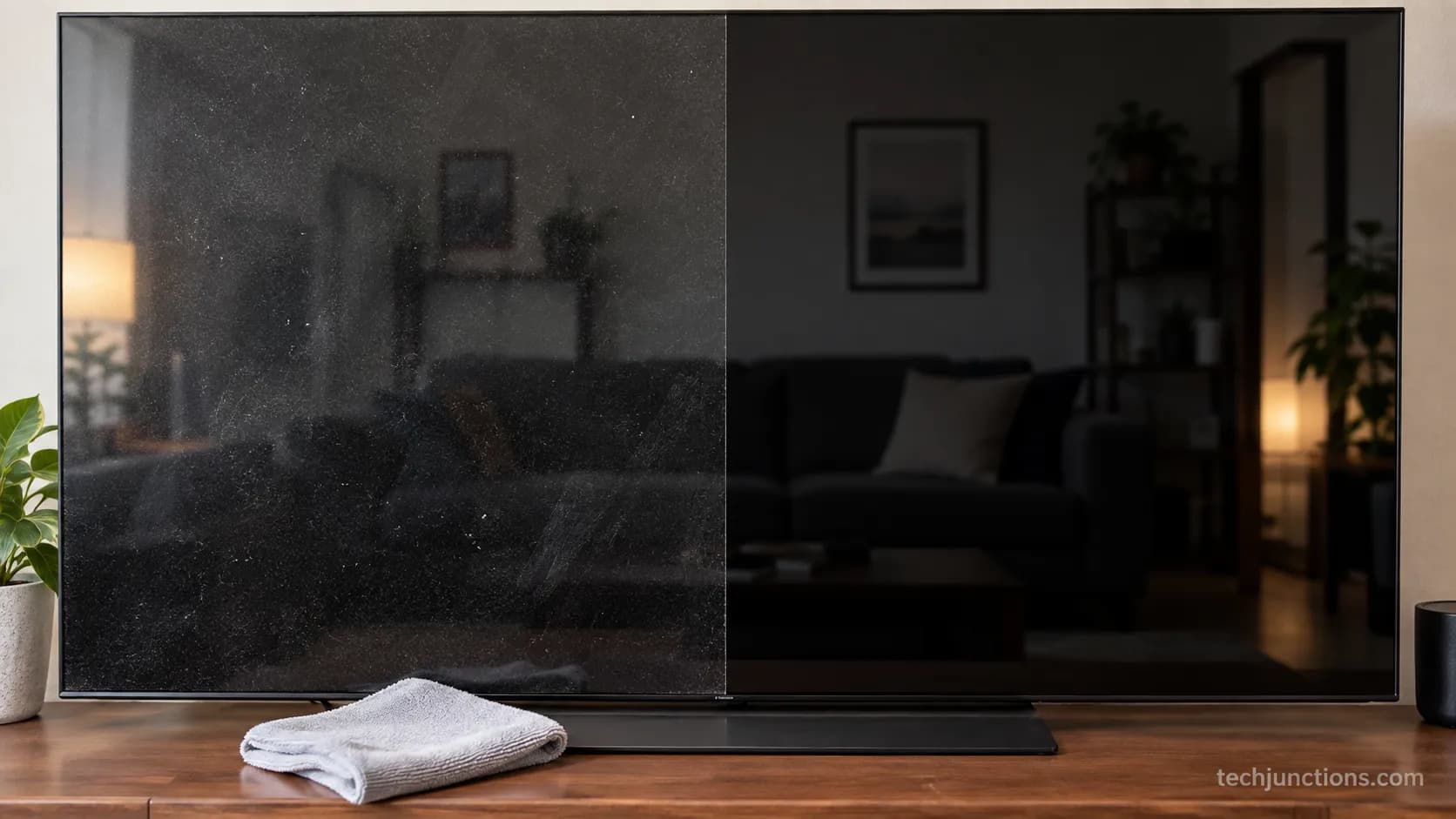 LG OLED screen before and after a dry microfiber dusting pass, shown side by side with the TV off.
