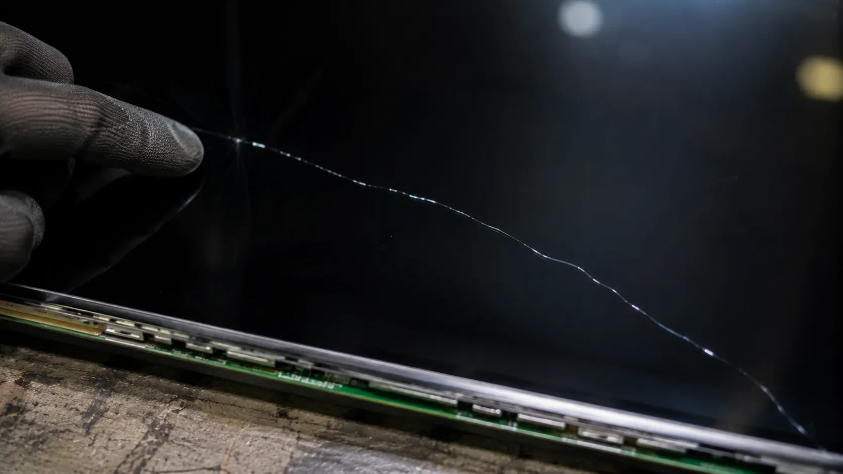 Close-up of an LG OLED TV panel with an internal crack on a repair bench.