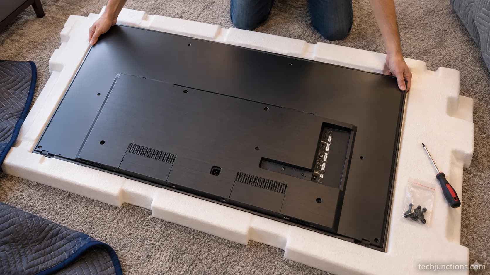 Large LG OLED TV lying face-down on foam with two hands supporting the panel during safe stand removal.