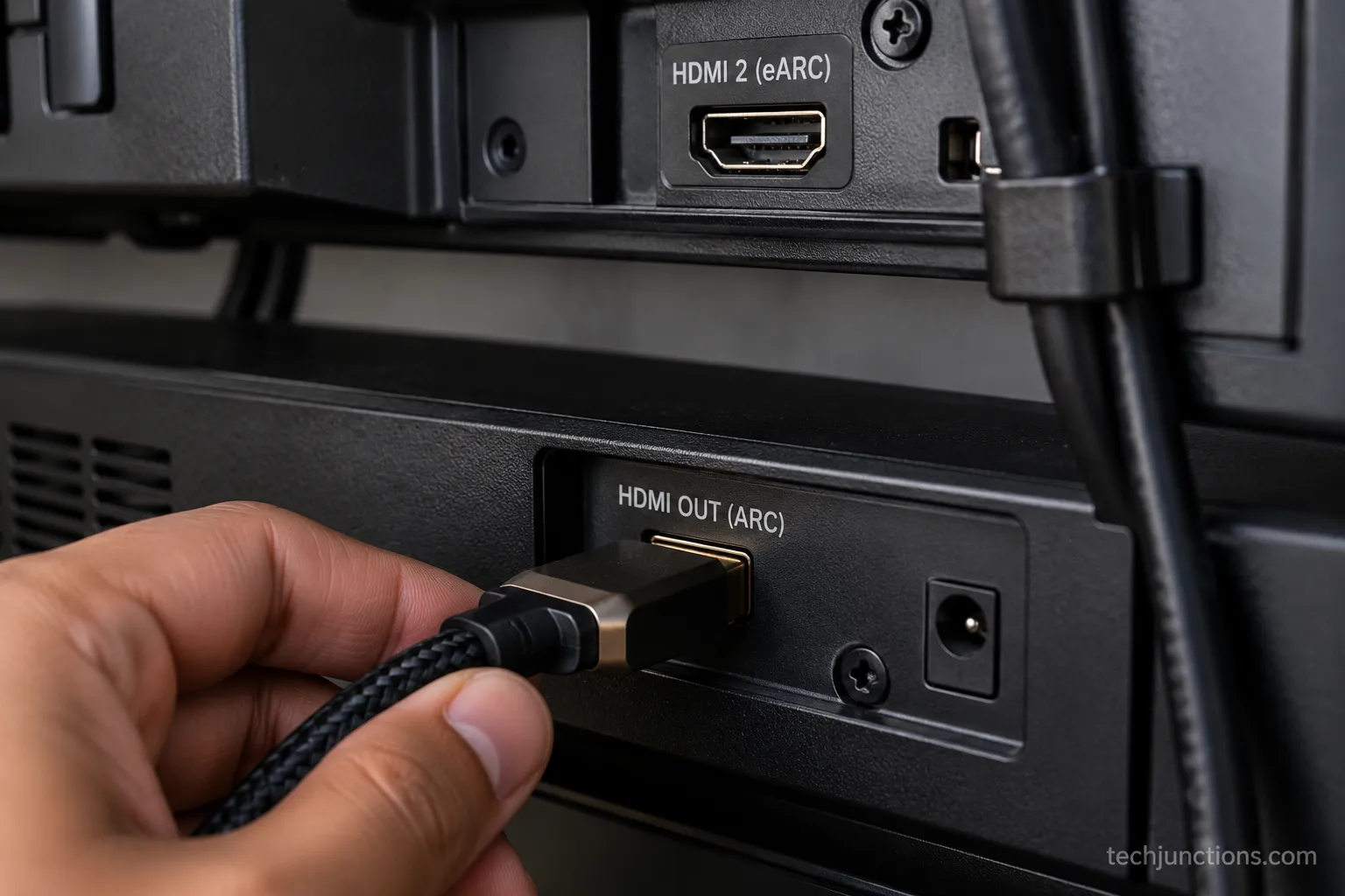 HDMI cable plugged into an LG soundbar HDMI Out ARC port below a TV HDMI ARC port.