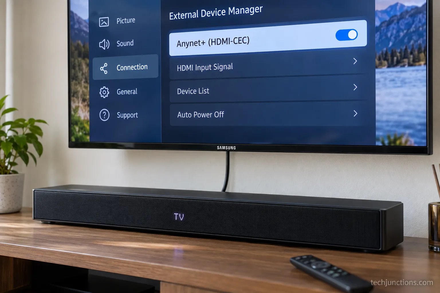 LG soundbar connected to a Samsung TV with Anynet plus HDMI-CEC enabled on screen.