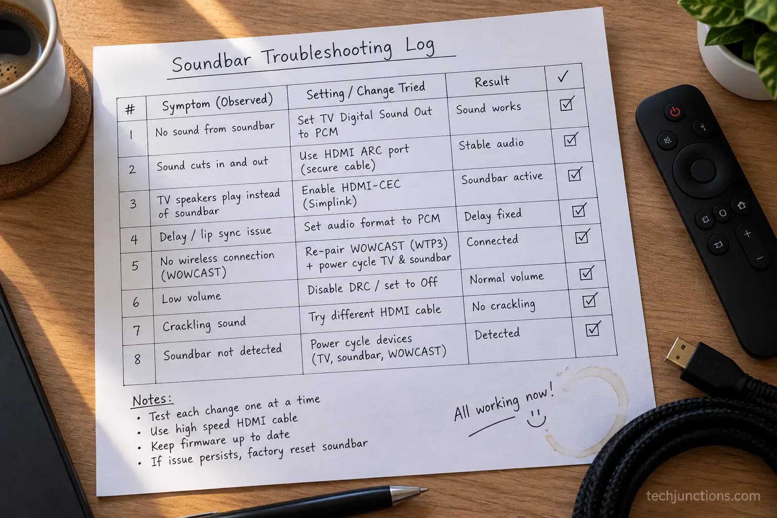 A troubleshooting log of LG soundbar symptoms and the settings that fixed each one