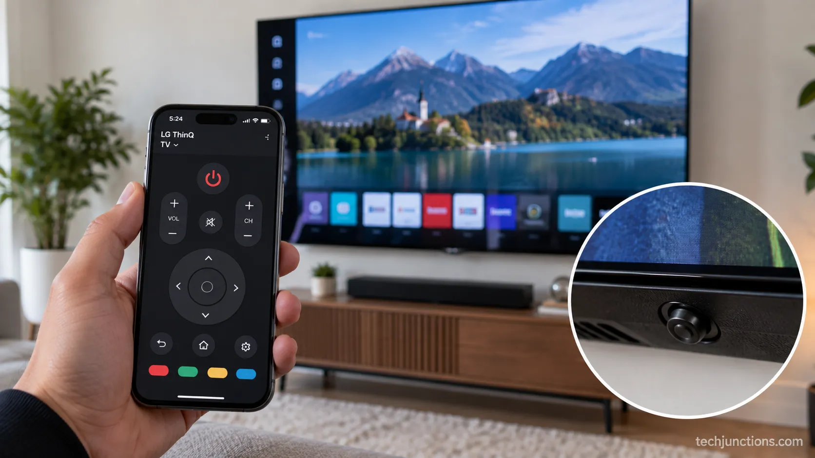 LG ThinQ app on-screen remote in front of an LG TV beside the joystick power button