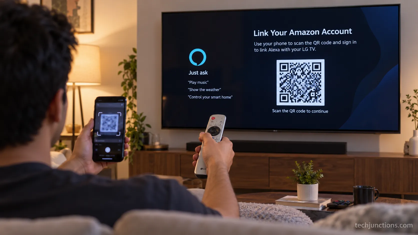 Hand holding an LG Magic Remote while the Alexa app QR sign-in screen shows on the TV.