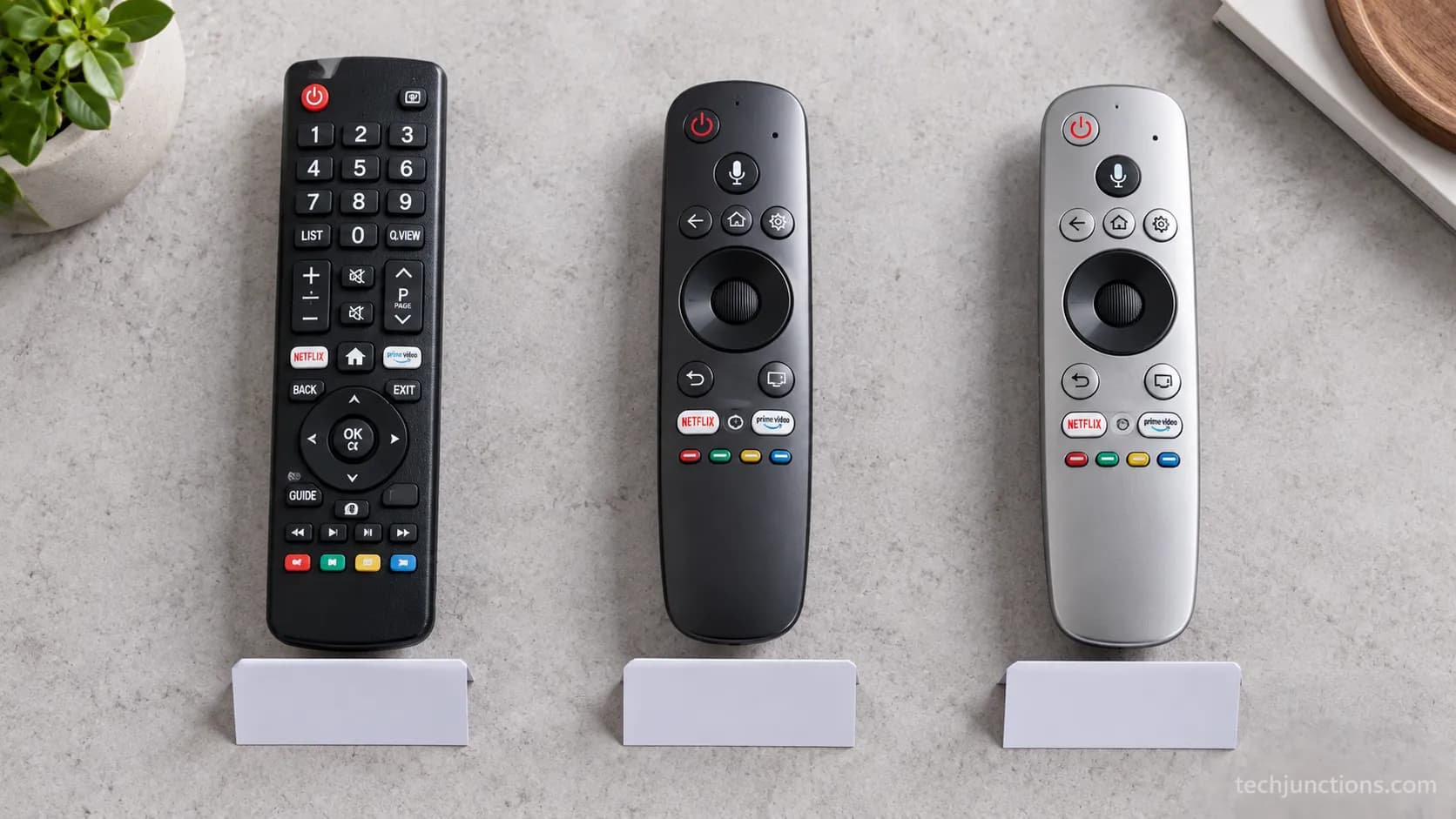 Three LG remotes by model year showing which have an Alexa voice button.
