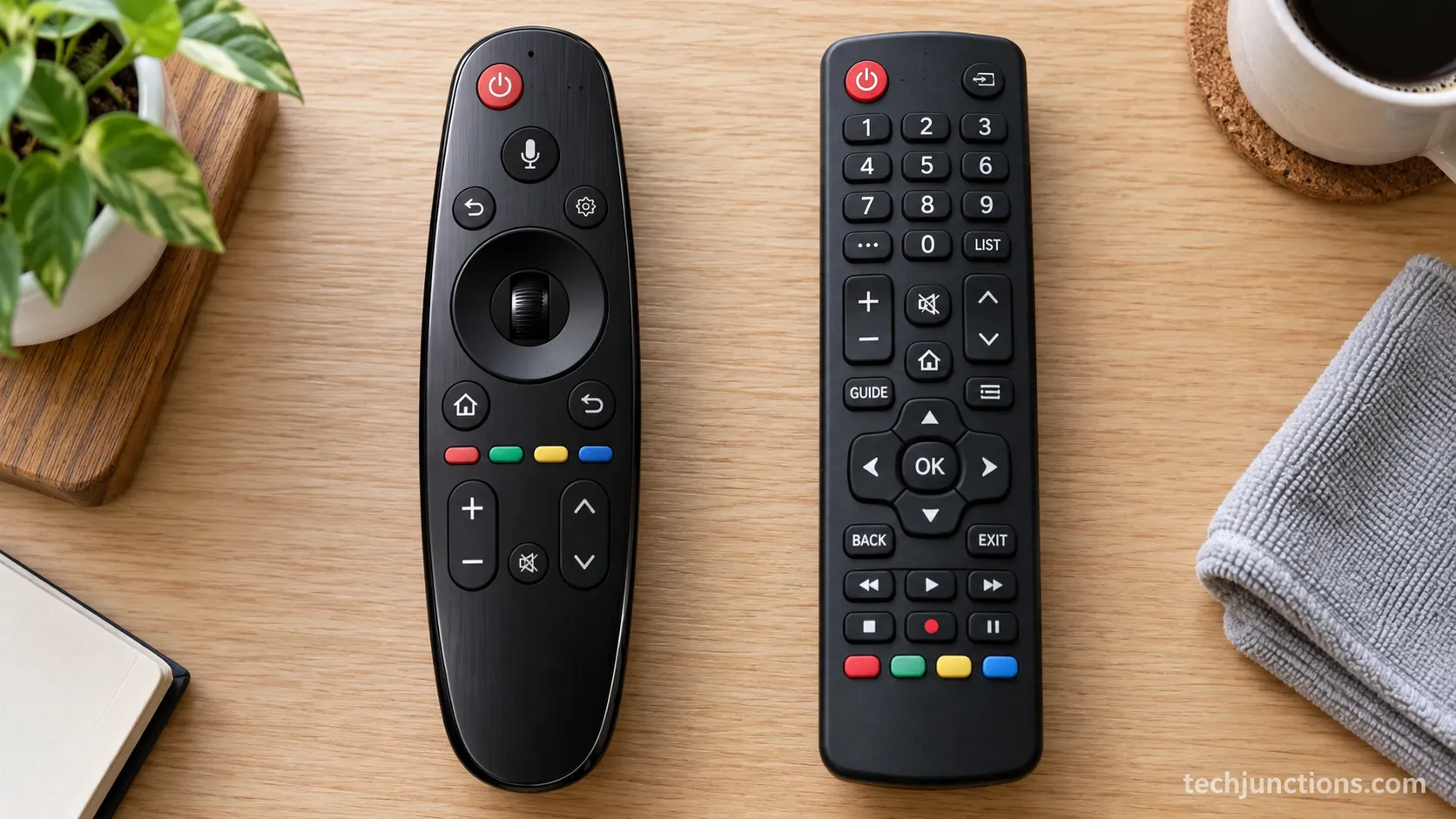 Newer LG Magic Remote with an Alexa button beside an older LG remote without one.